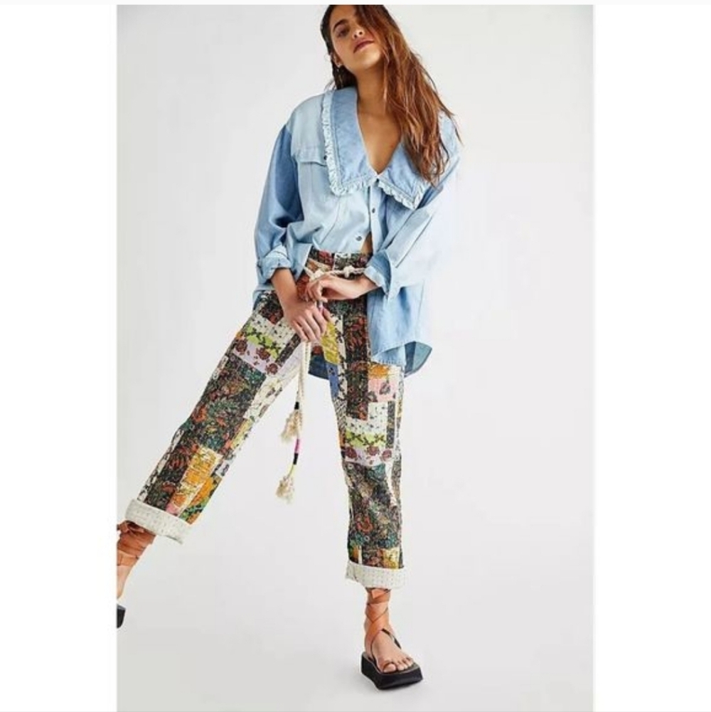 Free People Patchwork Multi-Color Straight Leg Tr… - image 3